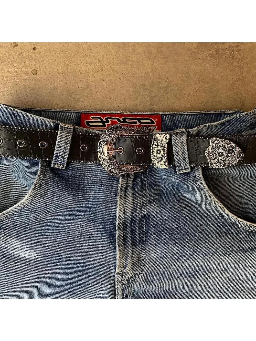 Y2k 2000s style black western silver boho belt. 38.5 inches length. Unisex